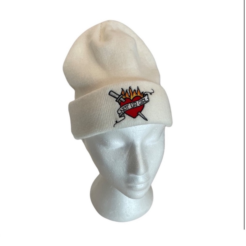 A. Lab Not Ur Girl winter hat toque beanie white knit fabric cold weather gear